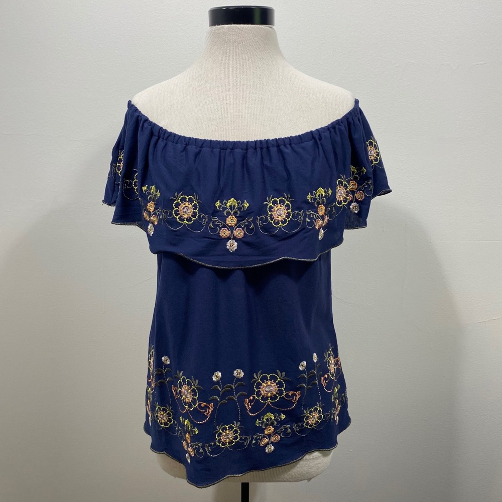 Fever Off Shoulder Top Women's‎ Medium Blue Floral Embroidered Blouse Boho NEW